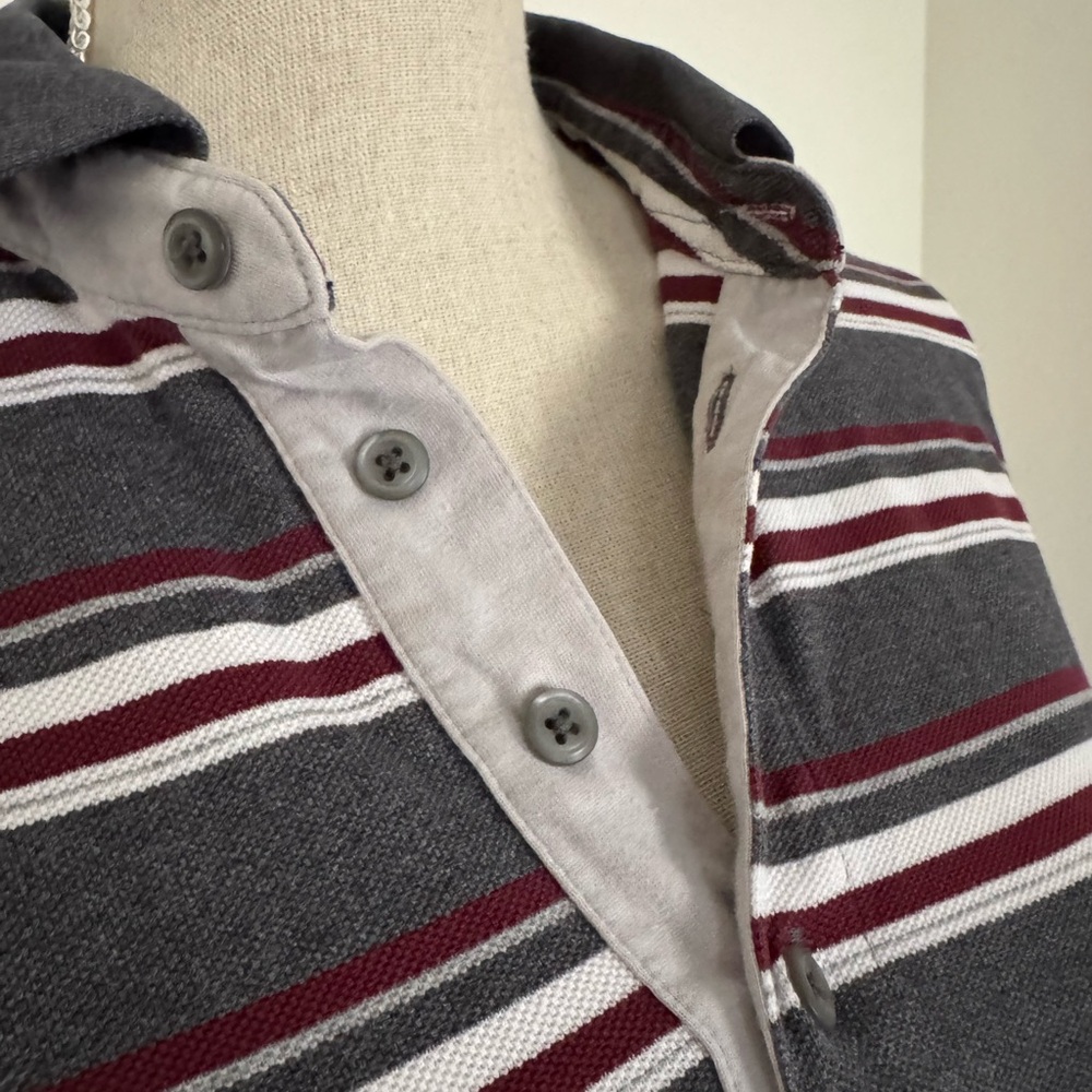 Paul Fredrick Heavy Gray Red Striped Long Sleeve Polo Rugby 100% Cotton Size L
